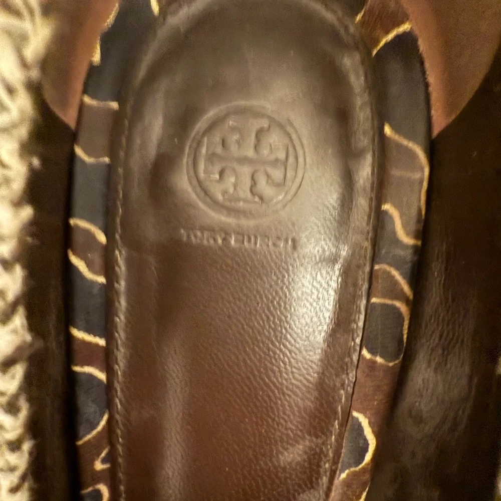 Tory Burch Cleo Tweed and Silk Bow High Heel Pump Brown Navy Leopard Size 7
